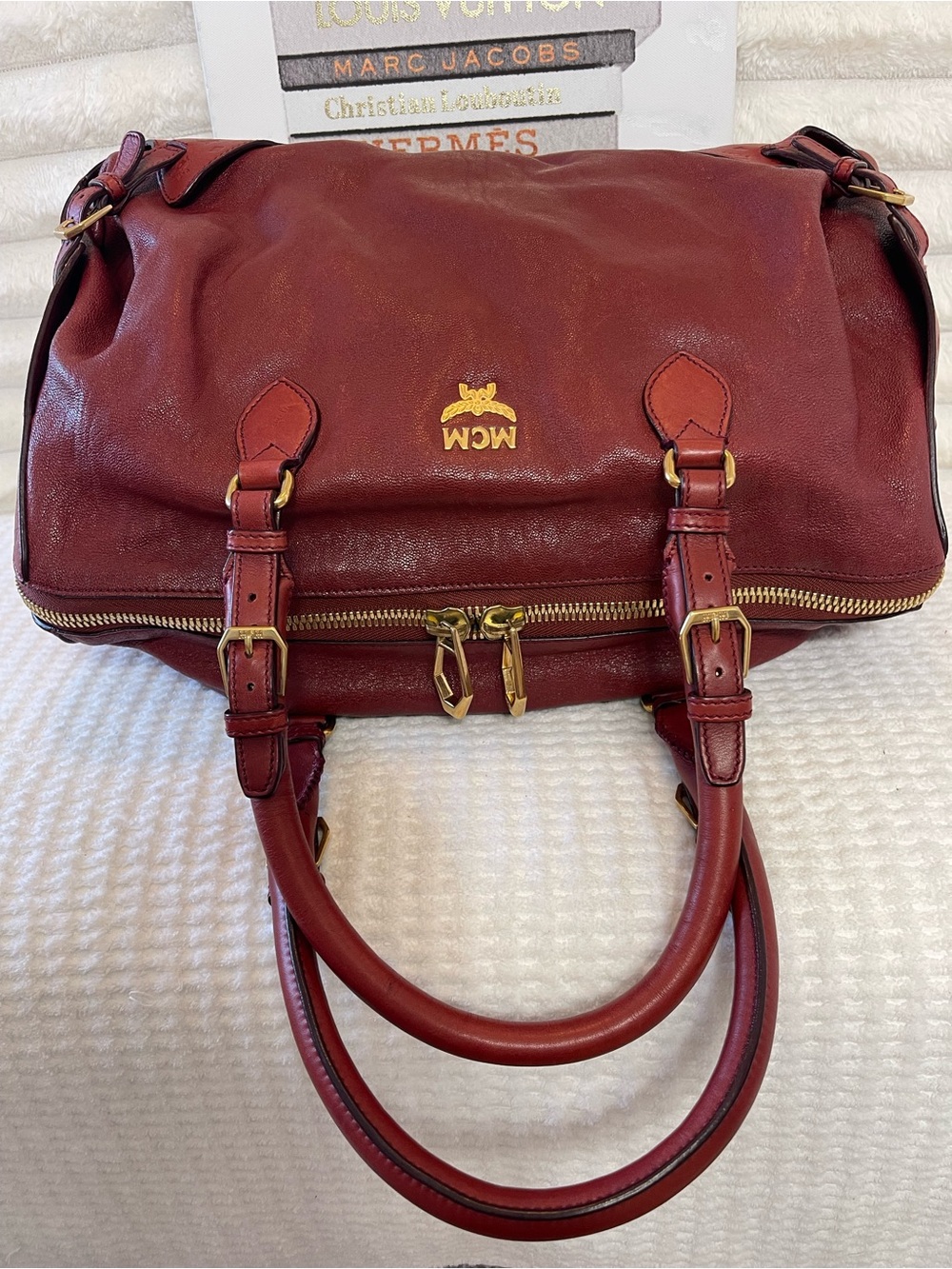 Large MCM Burgundy Leather Satchel with Gold Hardware - Picture 4 of 12